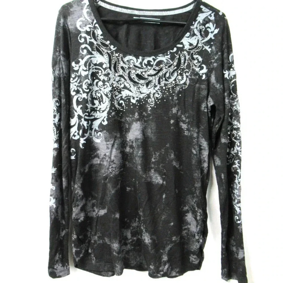 Maurices Tops - Maurices Top Burnout Tee Rhinestone Embellished Black Silver Sheer Long Sleeve